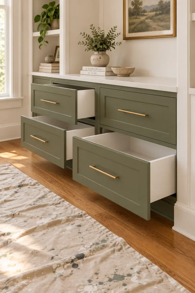 DIY IKEA BESTA Window Seat Hack: 5 Built-In Storage Ideas for Cozy Nooks 5 Underside of a DIY upholstered bench cushion with plywood, folded white batting, a yellow electric stapler, and a hammer on a patterned rug.