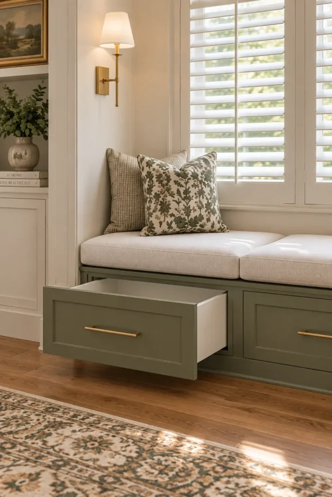 DIY IKEA BESTA Window Seat Hack: 5 Built-In Storage Ideas for Cozy Nooks 6 Finished IKEA BESTA window seat with an olive-green storage base, long brass handles, pale cream cushion, floral pillow, white shutters, and brass wall sconce.
DIY IKEA BESTA Window Seat Hack