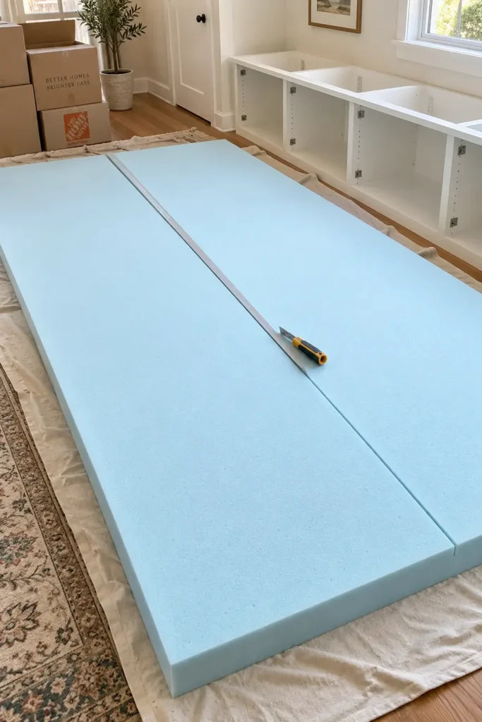 DIY IKEA BESTA Window Seat Hack: 5 Built-In Storage Ideas for Cozy Nooks 4 Large pale blue foam sheet being cut for an IKEA BESTA window bench cushion, surrounded by white cabinet frames, boxes, and a patterned rug.