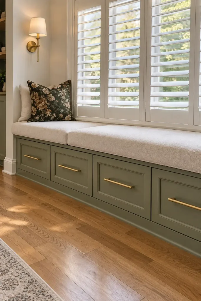 DIY IKEA BESTA Window Seat Hack: 5 Built-In Storage Ideas for Cozy Nooks 2 Close view of an IKEA BESTA window seat with an open olive-green storage drawer, brass pull, cream cushion, patterned pillows, and white shutters.