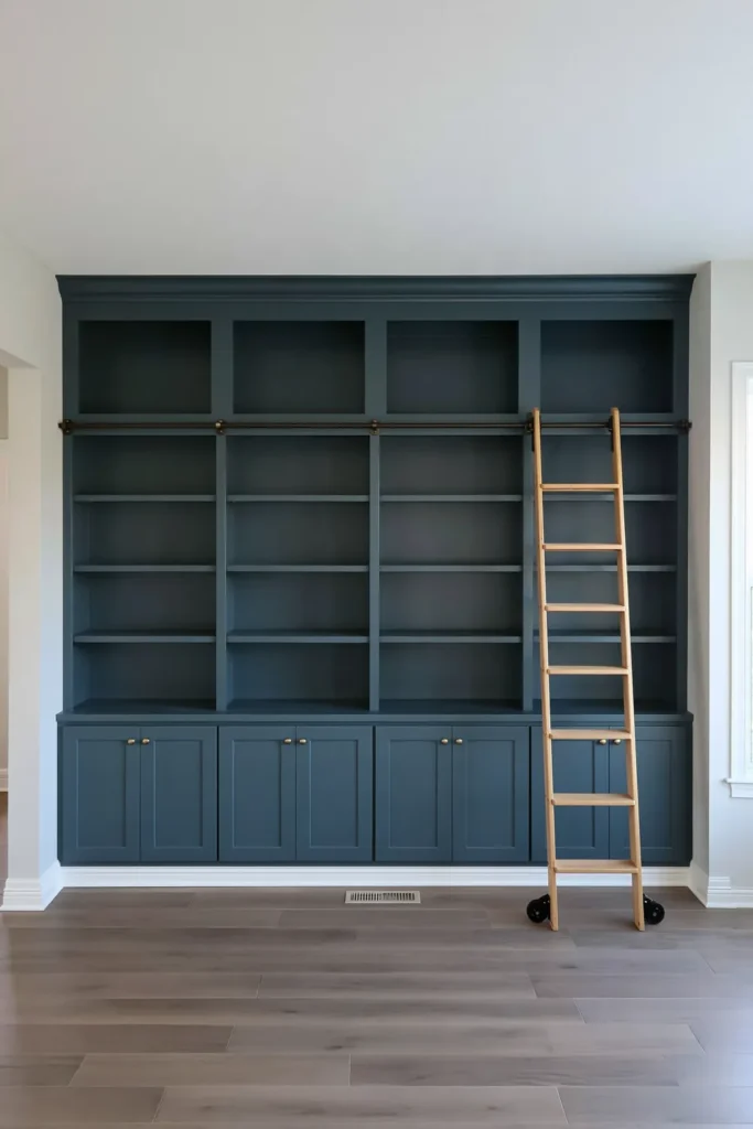 DIY IKEA Billy Bookcase Library Wall Ideas for a Custom Built-In Look 2 Deep teal IKEA Billy library wall with open shelves, Shaker cabinets, brass knobs, crown moulding, and a natural wood rolling ladder.