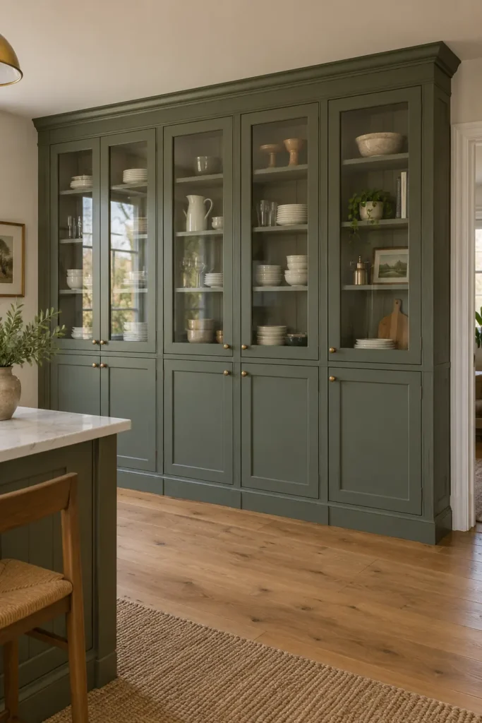 DIY Built-In Bookshelves on a Budget: 7 Practical Ideas for Custom Storage 7 Muted green Ikea Havsta cabinets with glass doors and trim adapted into custom-looking built-in kitchen storage.