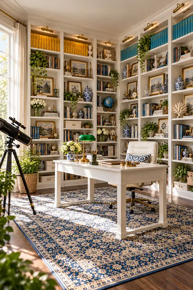 DIY Billy Bookcase Corner Built-In Ideas for a Collected Home Library 11 White wraparound Billy bookcases with accessible lower shelves holding books, games, storage pieces, and decor around a central library desk.