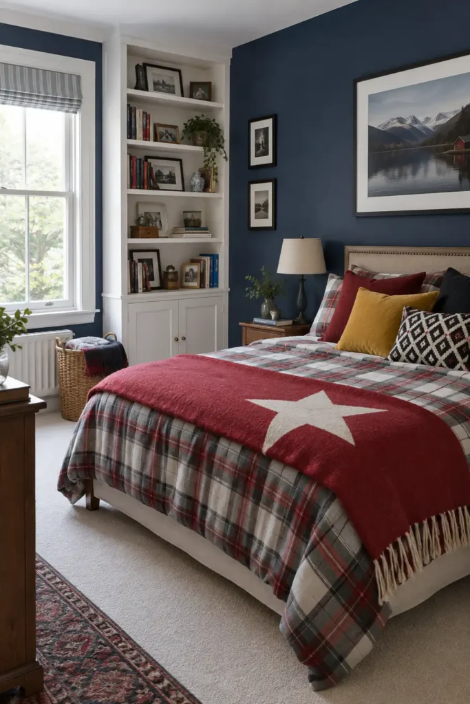 DIY Built-In Bookcases from Stock Cabinets: 8 Custom-Looking Ideas 6 Kids bedroom with deep blue walls, a white corner built-in bookcase, colorful books and decor, plaid bedding, and a bright window.