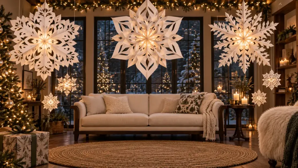 DIY Large Paper Snowflakes Guide: 5 Festive Decorating Ideas 7 Oversized white paper snowflakes hanging above a cream sofa in a warmly lit holiday living room.
DIY Large Paper Snowflakes Guide