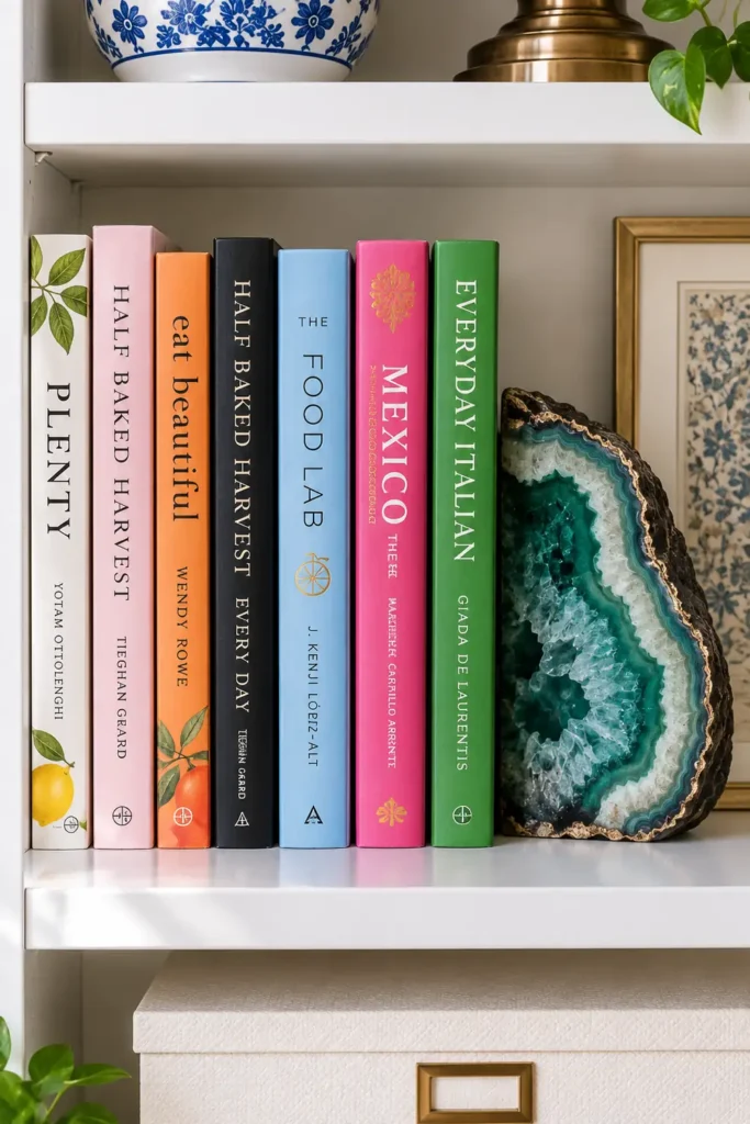 DIY Billy Bookcase Corner Built-In Ideas for a Collected Home Library 7 White shelf with colorful upright books, a rough green-blue decorative stone, and a small pale sculpture layered together.