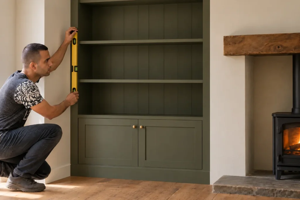 Deep Olive Alcove Shelving Beside a Wood-Burning Stove: A Practical Built-In Project Guide 7 Checking an olive alcove built-in with a level before styling the shelves.
