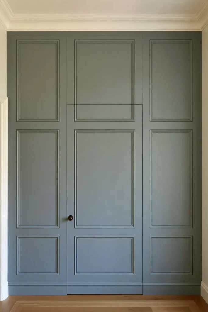 18 Secret Door Ideas That Fit Beautifully Into Your Home 15 Pale blue-gray wainscoted jib door with aligned molding details and a small dark metal knob.