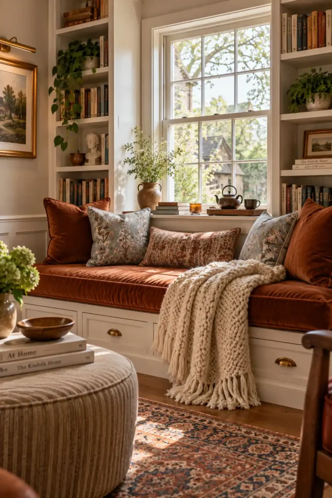 20 Cozy Book Nook Designs for Warm, Inviting Reading Spaces 8 Luxe window reading nook with a rust velvet daybed, white built-in bookcases, patterned pillows, cream knit throw, stacked books, and tea vessels.