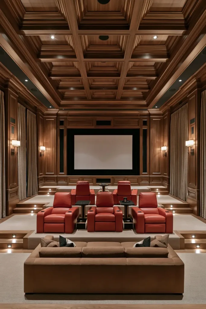 24 Bonus Room Ideas for Designing a Space You’ll Actually Use 7 Traditional home theater with tiered brown leather recliners, dark wood paneling, heavy curtains, and a large projection screen.