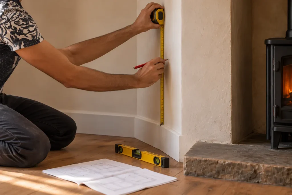 Deep Olive Alcove Shelving Beside a Wood-Burning Stove: A Practical Built-In Project Guide 3 Measuring a neutral alcove before building custom built-in shelves.