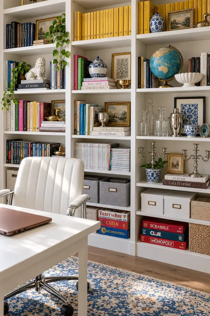 DIY Billy Bookcase Corner Built-In Ideas for a Collected Home Library 9 White built-in library shelves styled with books, framed art, a blue-and-white jar, dark globe, metallic cups, glass decanters, and silver candelabra.