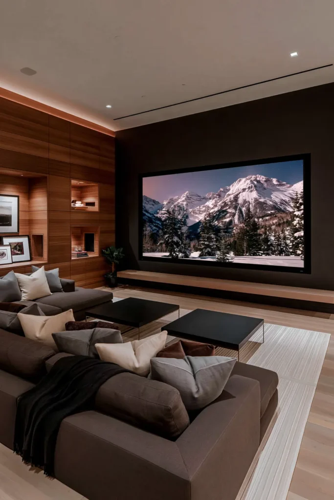 24 Bonus Room Ideas for Designing a Space You’ll Actually Use 4 Dark contemporary media room with a large gray sectional, oversized screen, black coffee tables, wood accents, and a pale striped rug.