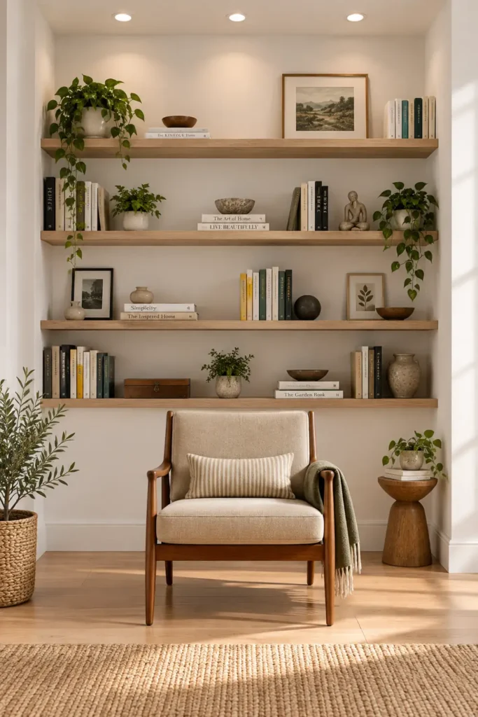 20 Cozy Book Nook Designs for Warm, Inviting Reading Spaces 13 Minimalist reading corner with white recessed walls, long floating shelves, neatly arranged books, a tan mid-century wooden armchair, and recessed spotlights.