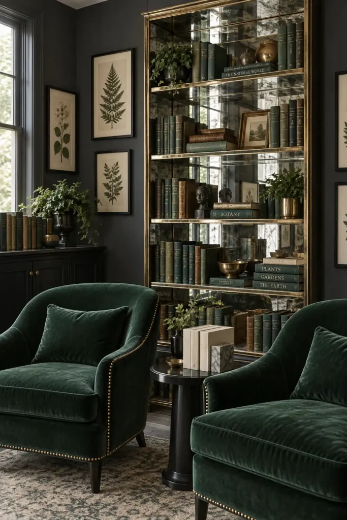 12 Book Storage and Styling Ideas for a Beautiful, Organized Home 13 Tall antiqued mirrored bookcase with dark green, olive, teal, and brown books in a moody gray room with green velvet chairs.