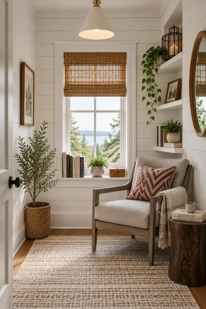 20 Cozy Book Nook Designs for Warm, Inviting Reading Spaces 20 Modern farmhouse book nook with white shiplap walls, woven bamboo shade, gray armchair, chevron cushion, pale rug, wall shelves, and natural decor.