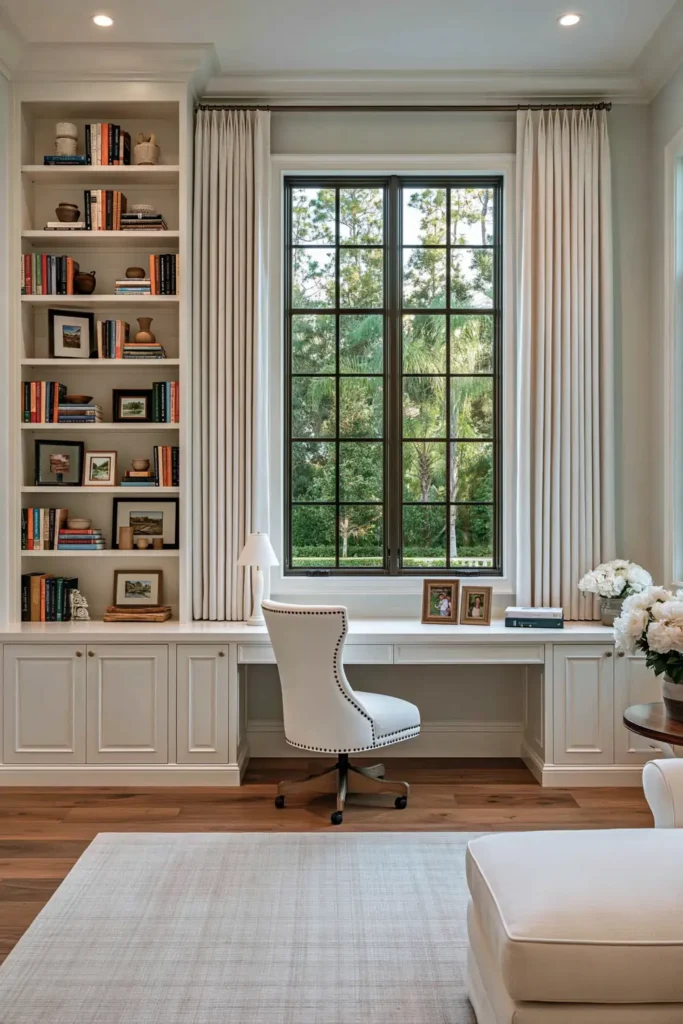 24 Bonus Room Ideas for Designing a Space You’ll Actually Use 2 Bright cream-and-white bonus room office with a white desk beneath a tall window, built-in shelving, cream curtains, and upholstered swivel chair.