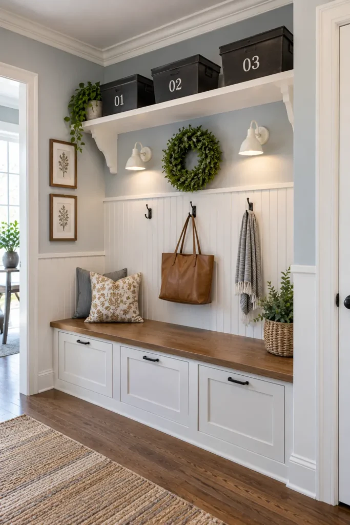 DIY Built-In Bookcases from Stock Cabinets: 8 Custom-Looking Ideas 5 White mudroom built-in bench with lower cabinets, beadboard walls, a wood seat, storage bins, wall lights, a green wreath, and a leather tote.