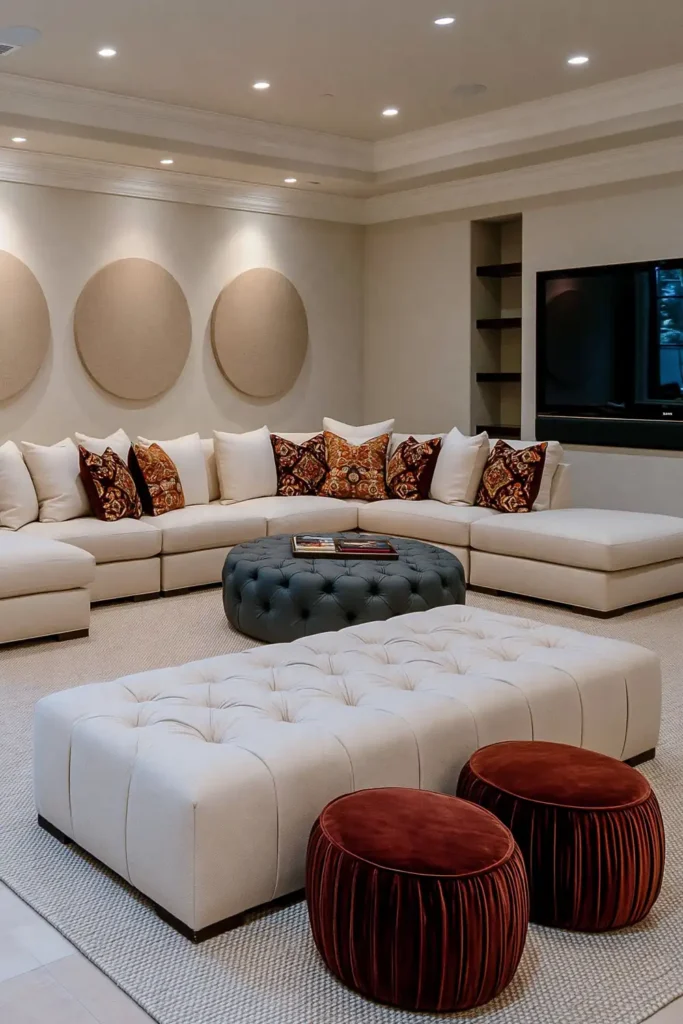 24 Bonus Room Ideas for Designing a Space You’ll Actually Use 22 Welcoming family lounge with a cream sectional, orange accent pillows, tufted gray ottoman, round velvet poufs, and wall-mounted television.