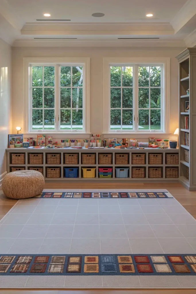 24 Bonus Room Ideas for Designing a Space You’ll Actually Use 20 Neutral multipurpose bonus room with window-side cubbies, wicker baskets, colorful storage bins, craft supplies, and a patterned activity rug.