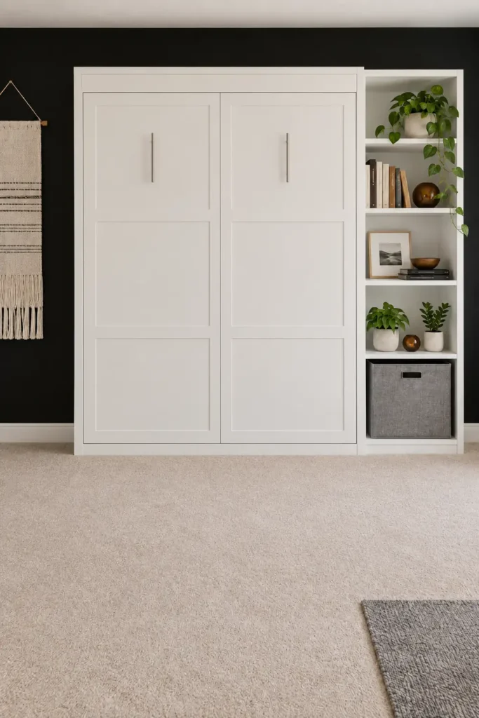 DIY Murphy Bed Makeover Ideas for a Stylish Multipurpose Room 3 Closed white Murphy bed designed like built-in cabinetry against a black wall with paneled doors, silver handles, and open side shelving.