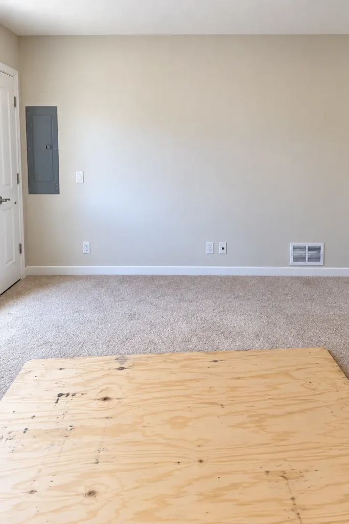 DIY Murphy Bed Makeover Ideas for a Stylish Multipurpose Room 5 Mostly empty multipurpose room before a Murphy bed makeover, with pale walls, beige carpet, wall outlets, and a plywood sheet on the floor.