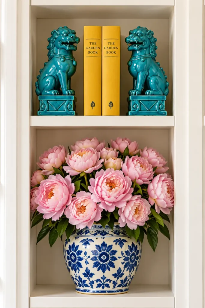 DIY Billy Bookcase Corner Built-In Ideas for a Collected Home Library 4 Narrow white display tower between Billy bookcases with turquoise ceramic figures, yellow books, and pink flowers in a blue-and-white porcelain vase.