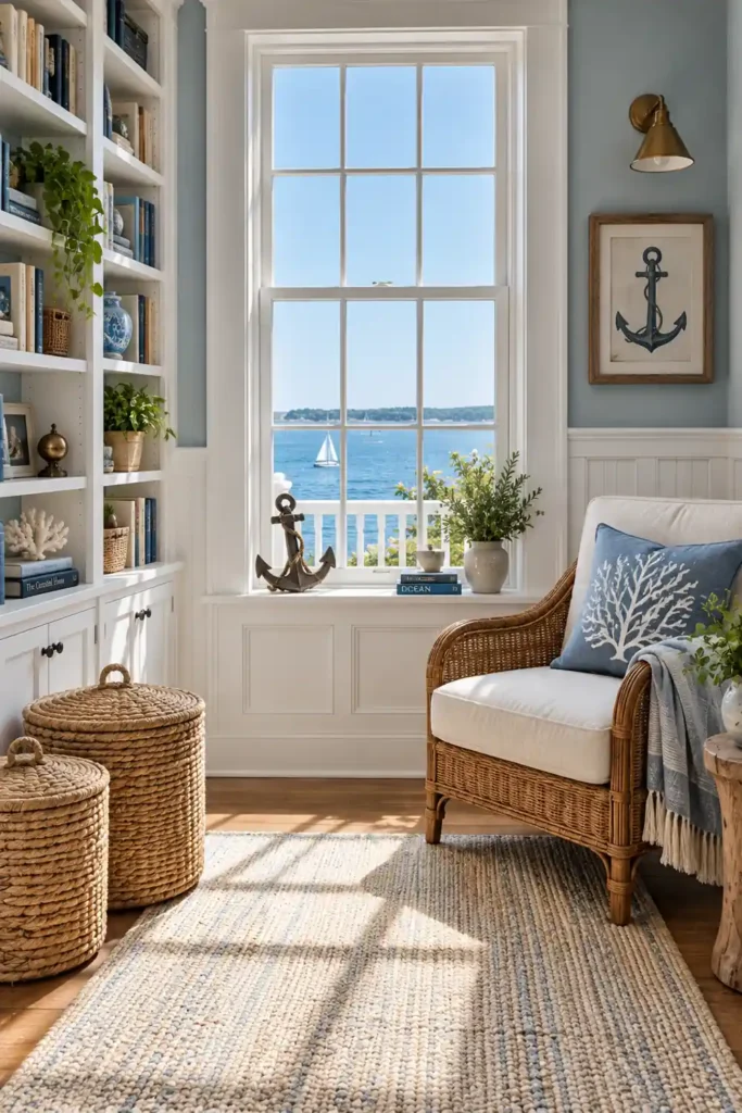 20 Cozy Book Nook Designs for Warm, Inviting Reading Spaces 5 Coastal book nook with a multi-pane water-view window, built-in bookshelves, pale lounge chair, woven baskets, anchor decor, and a textured rug.