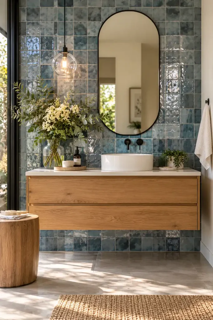 9 Non-White Bathroom Tile Ideas That Bring Color, Texture, and Character 9 Blue-grey glazed bathroom tiles with a floating wood vanity, white vessel sink, black faucet, and oval mirror.