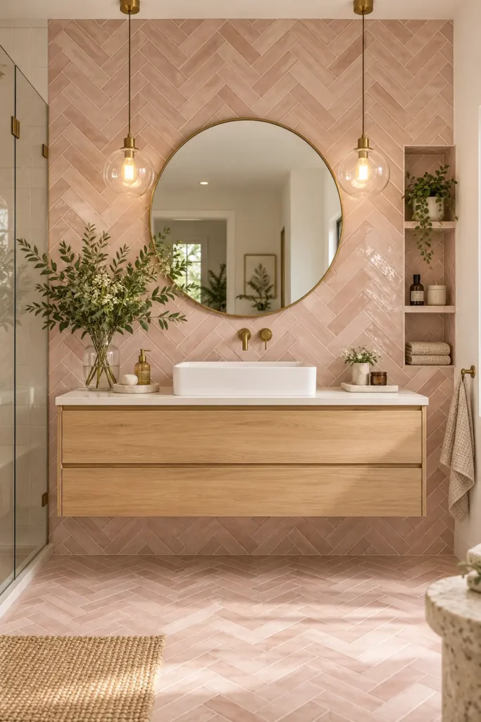 9 Non-White Bathroom Tile Ideas That Bring Color, Texture, and Character 4 Blush pink herringbone bathroom tiles behind a floating wood vanity with a round brass mirror and glass pendants.