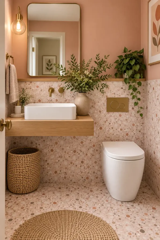 9 Non-White Bathroom Tile Ideas That Bring Color, Texture, and Character 8 Blush terrazzo bathroom tiles with a floating wood shelf vanity, white basin, brass fixtures, and green foliage.