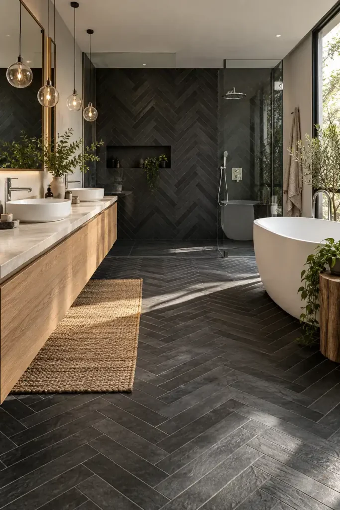 9 Non-White Bathroom Tile Ideas That Bring Color, Texture, and Character 3 Charcoal herringbone bathroom tiles with a floating timber double vanity, white bathtub, and frameless shower.