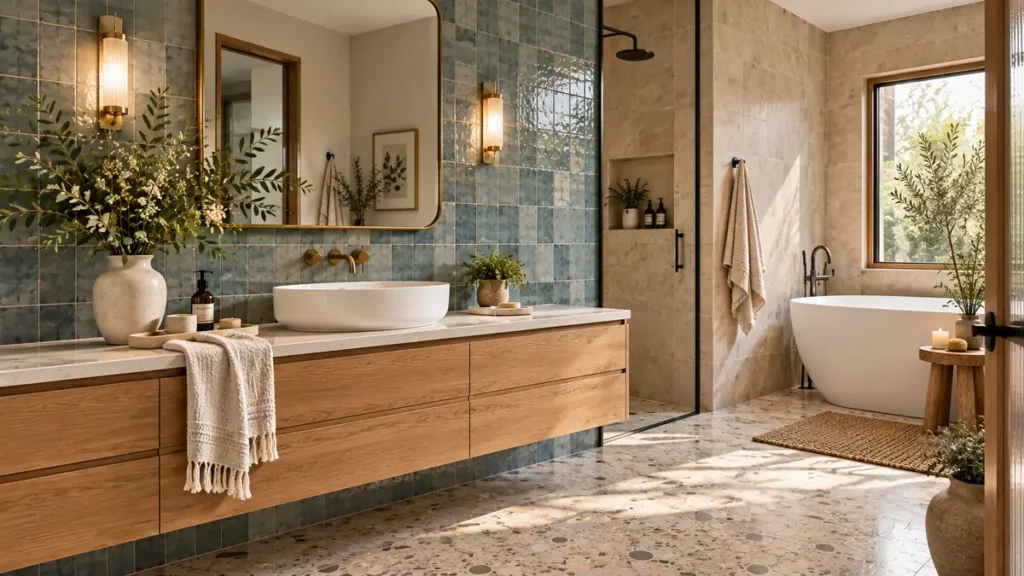9 Non-White Bathroom Tile Ideas That Bring Color, Texture, and Character 11 Non-white bathroom tile ideas combining blue-green tile, warm beige surfaces, natural wood, brass fixtures, and a white bathtub.