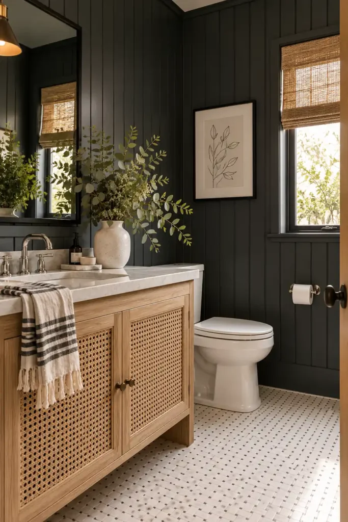 9 Non-White Bathroom Tile Ideas That Bring Color, Texture, and Character 7 Dark paneled powder room with a natural wood cane-front vanity, white mosaic floor tile, and leafy branches.