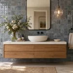 Non-white bathroom tile ideas with blue-grey glazed tiles, a floating wood vanity, white vessel sink, and black fixtures.