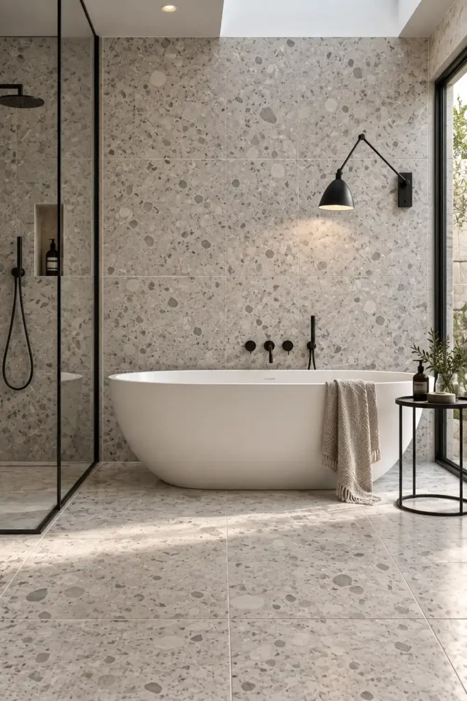 9 Non-White Bathroom Tile Ideas That Bring Color, Texture, and Character 6 Grey terrazzo bathroom tiles with a white freestanding tub, black shower screen, black fixtures, and wall lamp.