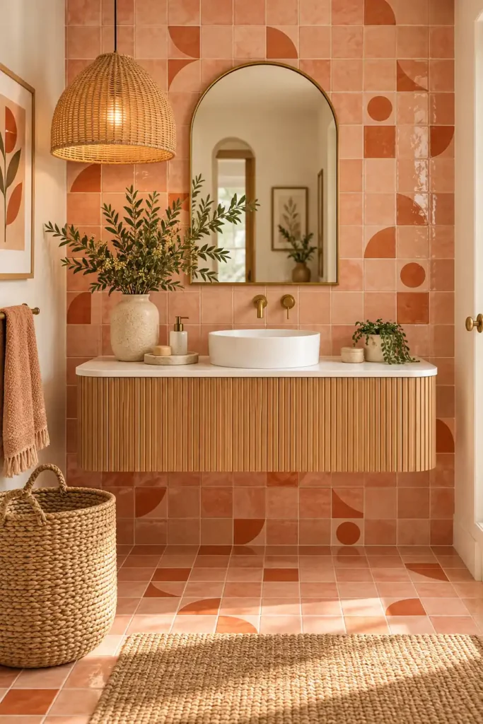 9 Non-White Bathroom Tile Ideas That Bring Color, Texture, and Character 5 Peach geometric bathroom tiles with a fluted timber vanity, white vessel sink, brass faucet, and woven pendant.