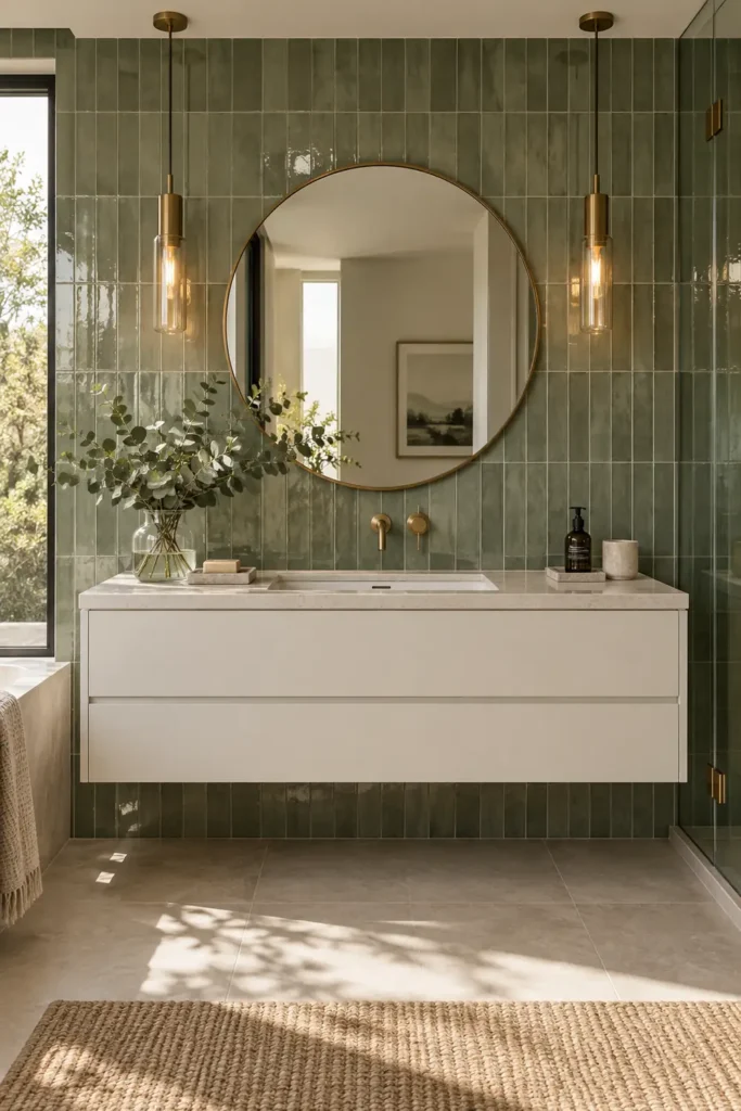 9 Non-White Bathroom Tile Ideas That Bring Color, Texture, and Character 2 Sage green bathroom tiles with a floating white vanity, brass faucet, round mirror, and eucalyptus branches.