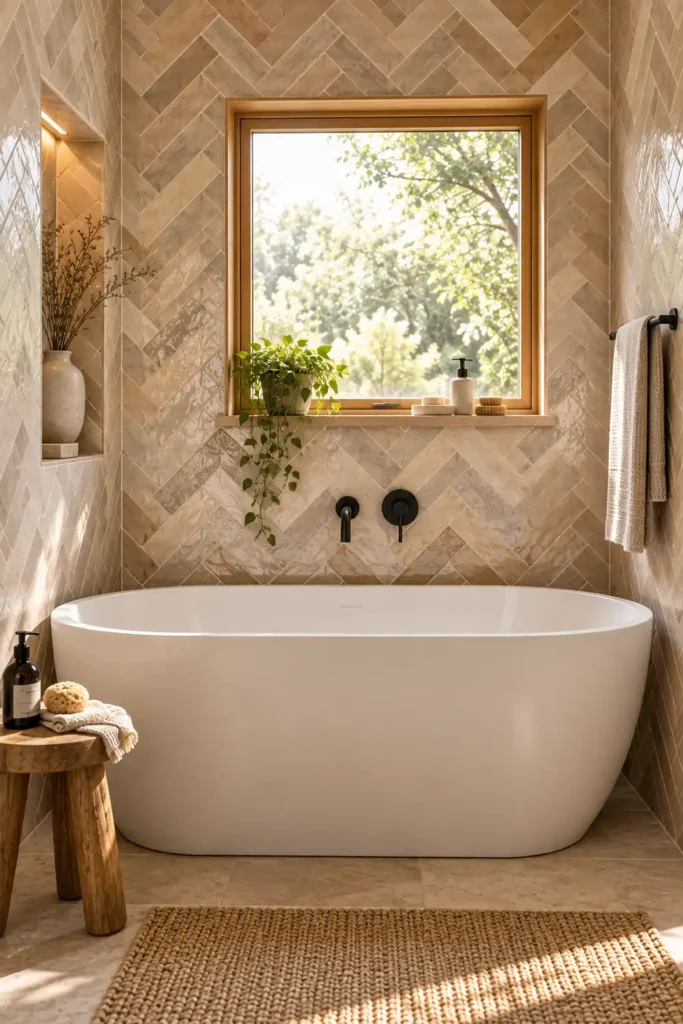 9 Non-White Bathroom Tile Ideas That Bring Color, Texture, and Character 10 Warm beige herringbone bathroom tiles around a white bathtub with black fixtures, a recessed niche, and natural daylight.