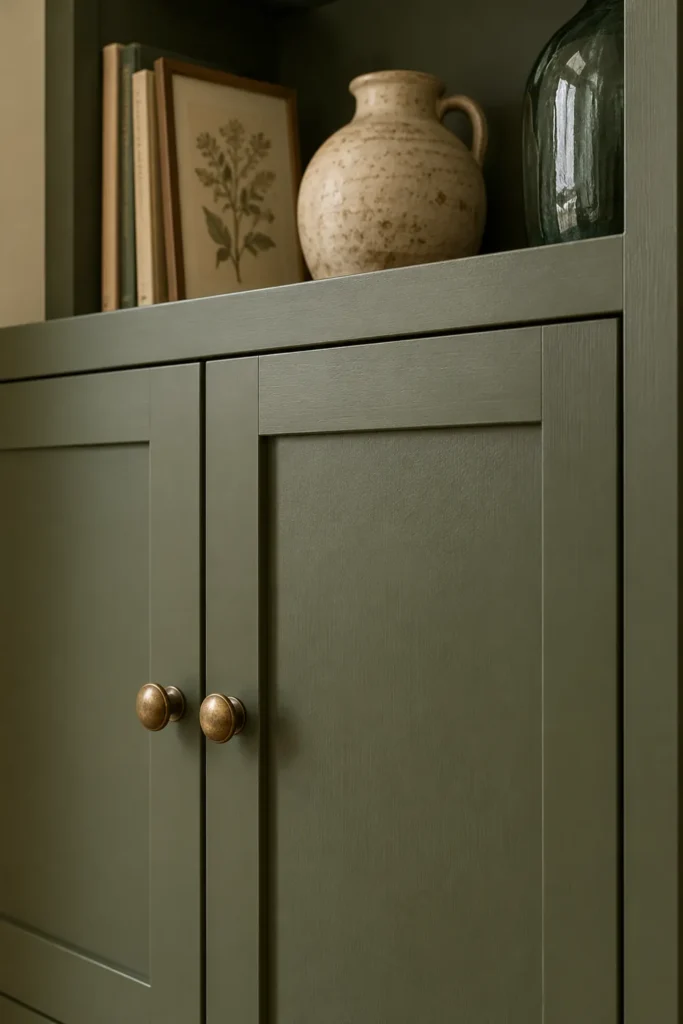 Deep Olive Alcove Shelving Beside a Wood-Burning Stove: A Practical Built-In Project Guide 6 Deep olive Shaker cabinet door with an aged brass round knob.