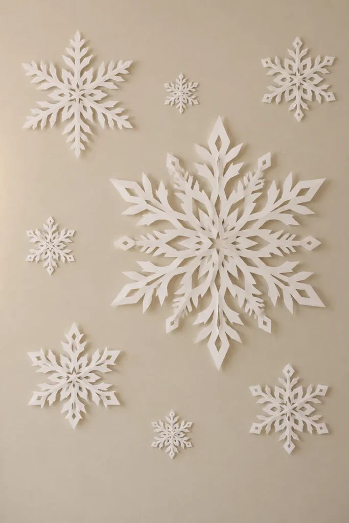 DIY Large Paper Snowflakes Guide: 5 Festive Decorating Ideas 3 Oversized white paper snowflakes arranged across a blank wall as festive holiday wall art and a photo backdrop.