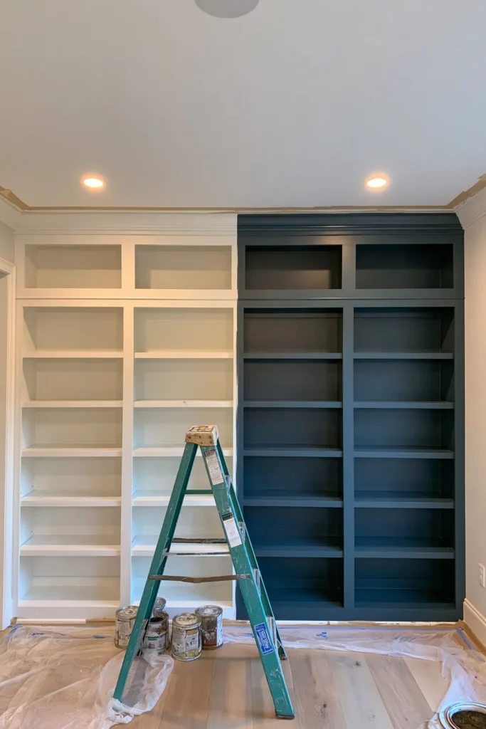 DIY IKEA Billy Bookcase Library Wall Ideas for a Custom Built-In Look 4 IKEA Billy built-in bookcase being painted deep teal with upper cubbies, a step ladder, paint cans, and protected flooring.