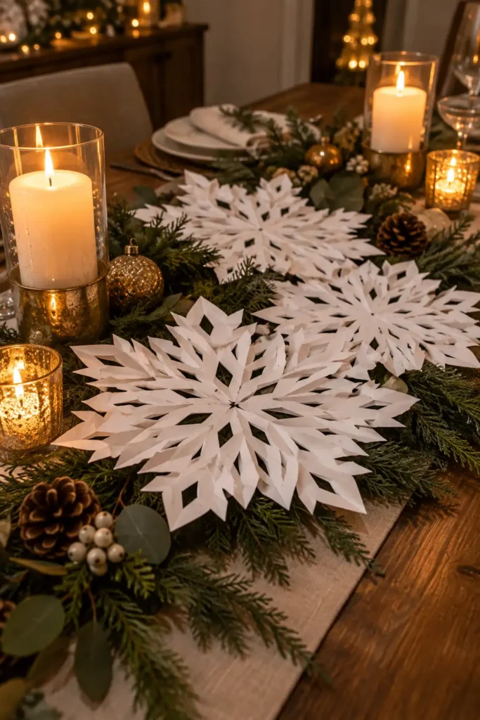 DIY Large Paper Snowflakes Guide: 5 Festive Decorating Ideas 5 Layered white paper snowflakes styled on a table with warm candles and green holiday greenery.