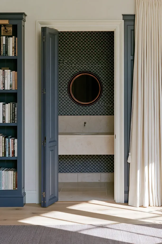 18 Secret Door Ideas That Fit Beautifully Into Your Home 19 Peacock blue Murphy bookcase door opening into a powder room with dark scallop walls, marble vanity, and round mirror.
