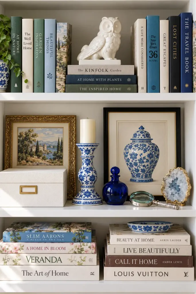 DIY Billy Bookcase Corner Built-In Ideas for a Collected Home Library 10 White Billy bookcase shelves layered with colorful books, framed artwork, blue-and-white decor, a small blue glass bottle, and personal keepsakes.