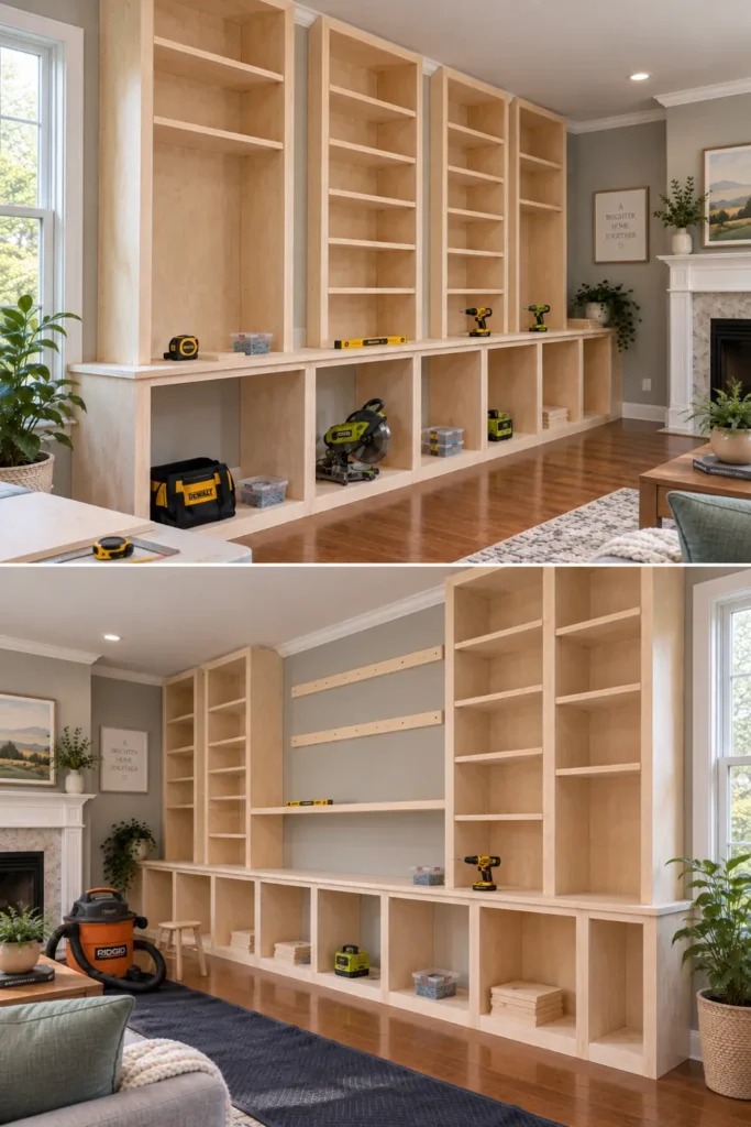 DIY Family Room Built-In Shelves: 5 Practical Design Ideas 5 Family room built-in with projecting center and end bookcase sections, unfinished plywood shelving, open base cabinets, and stepped wall depth.