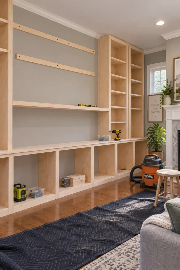 DIY Family Room Built-In Shelves: 5 Practical Design Ideas 4 Recessed family room built-in center opening with a long pale plywood shelf, open bookcases, wall supports, and a white fireplace mantel.