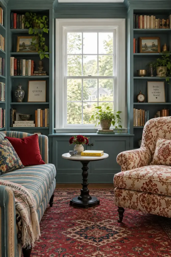 20 Cozy Book Nook Designs for Warm, Inviting Reading Spaces 12 Retro reading nook with teal built-in bookshelves, striped loveseat, patterned armchair, red rug, pedestal table, red flowers, and a bright window.