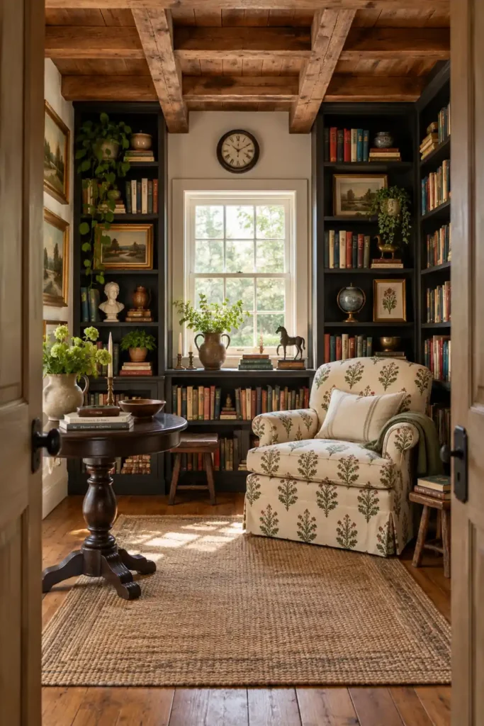 20 Cozy Book Nook Designs for Warm, Inviting Reading Spaces 4 Rustic reading nook with exposed wood beams, dark bookcases, patterned cream armchair, pedestal table, woven rug, and a bright rear window.