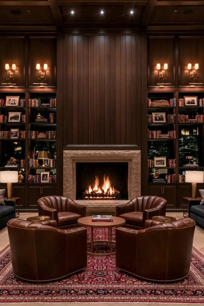 24 Bonus Room Ideas for Designing a Space You’ll Actually Use 14 Rustic trophy room with dark wood paneling, a stone fireplace, brown leather club chairs, built-in bookcases, and warm lodge-style lighting.